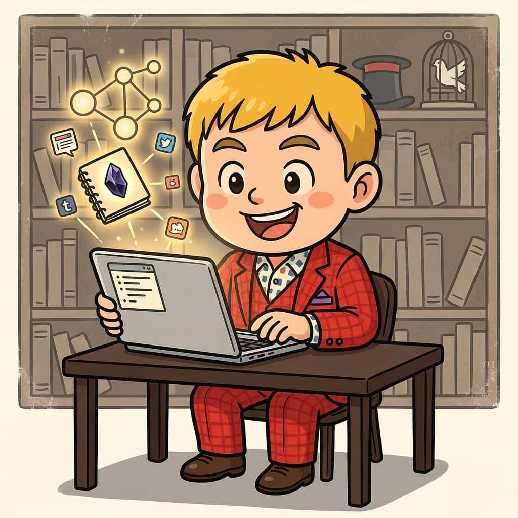 事務所をまるごとIDE×AI×Obsidianで管理してみたら世界が変わった。経理も発信も資料作成も、一人で5人分の仕事がこなせるようになった話 2 Obsidian×AIでブログやSNS投稿を一括生成するマジシャン。ノート同士がシナプスのようにつながり、擬人化したトランプやうさぎがコンテンツ制作を手伝うイラスト