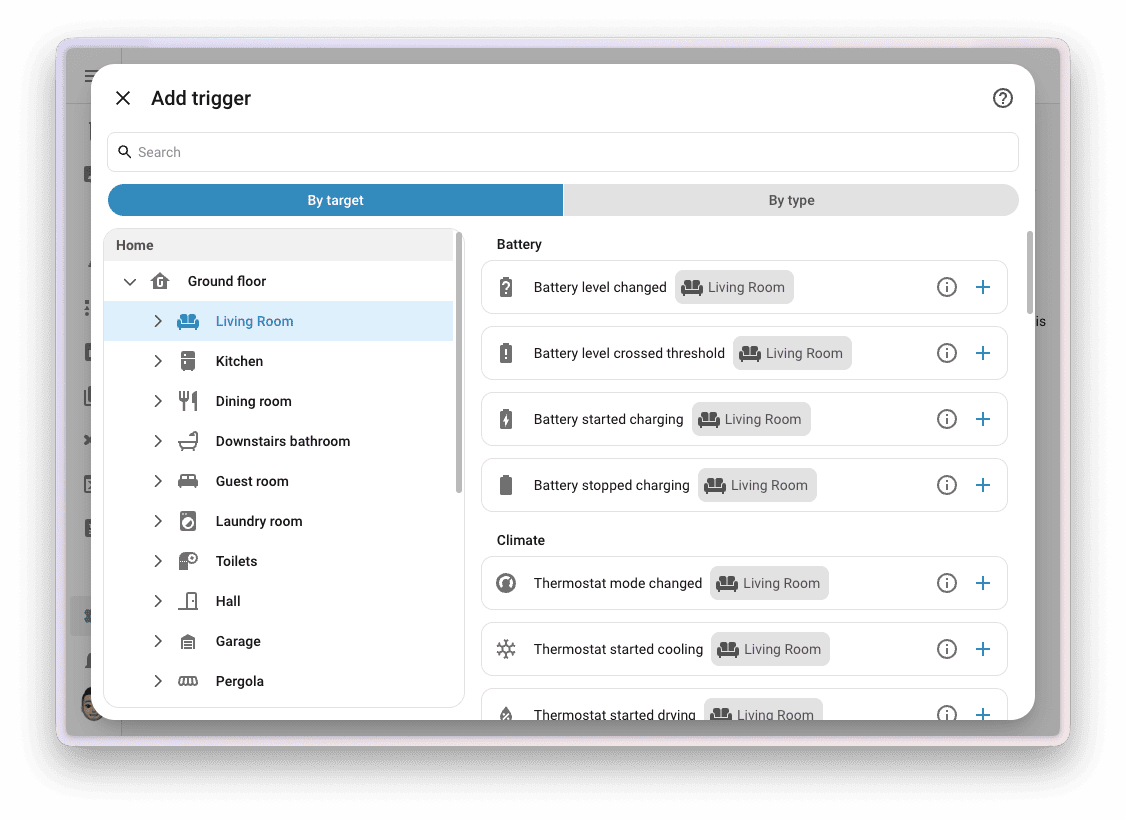 Screenshot des Home-Assistant-Dialogs „Add trigger" im Automatisierungs-Editor: Links eine Bereichsauswahl mit „Living Room" als Ziel, rechts die passenden purpose-specific Trigger wie „Battery level crossed threshold" und „Thermostat started cooling"