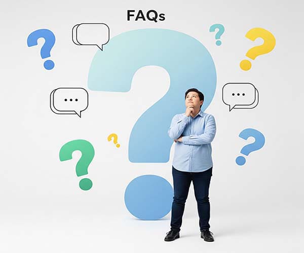 quick answers to your most common queries—saving you time and hassle. Man thinking surrounded by FAQ question marks.
