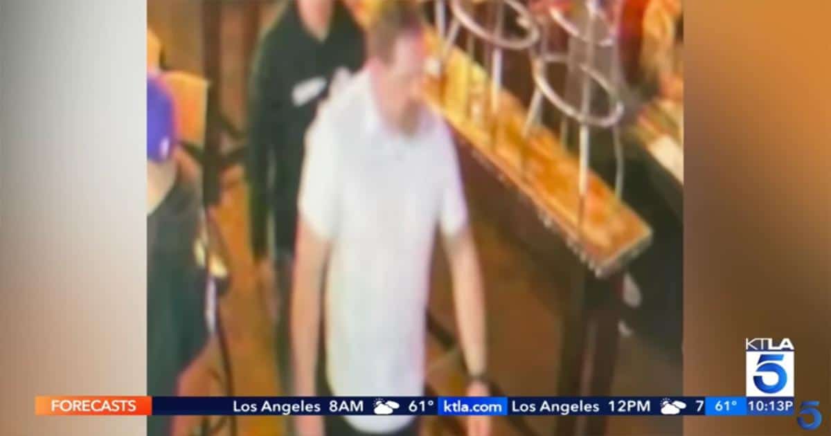 A blurry image from a KTLA 5 news report shows a man in a white shirt, likely a suspect in a police brutality case, inside a bar. The scene suggests a "bar fight with officers" and "off-duty cop attacks bouncer.