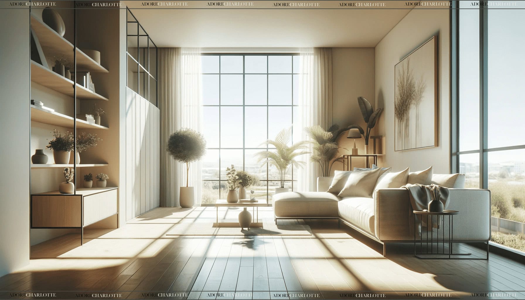 Home Ambiance Navigability A modern and airy living room featuring a comfortable sofa, indoor plants, and large windows that let in natural light and a gentle breeze, creating a warm and welcoming ambiance.