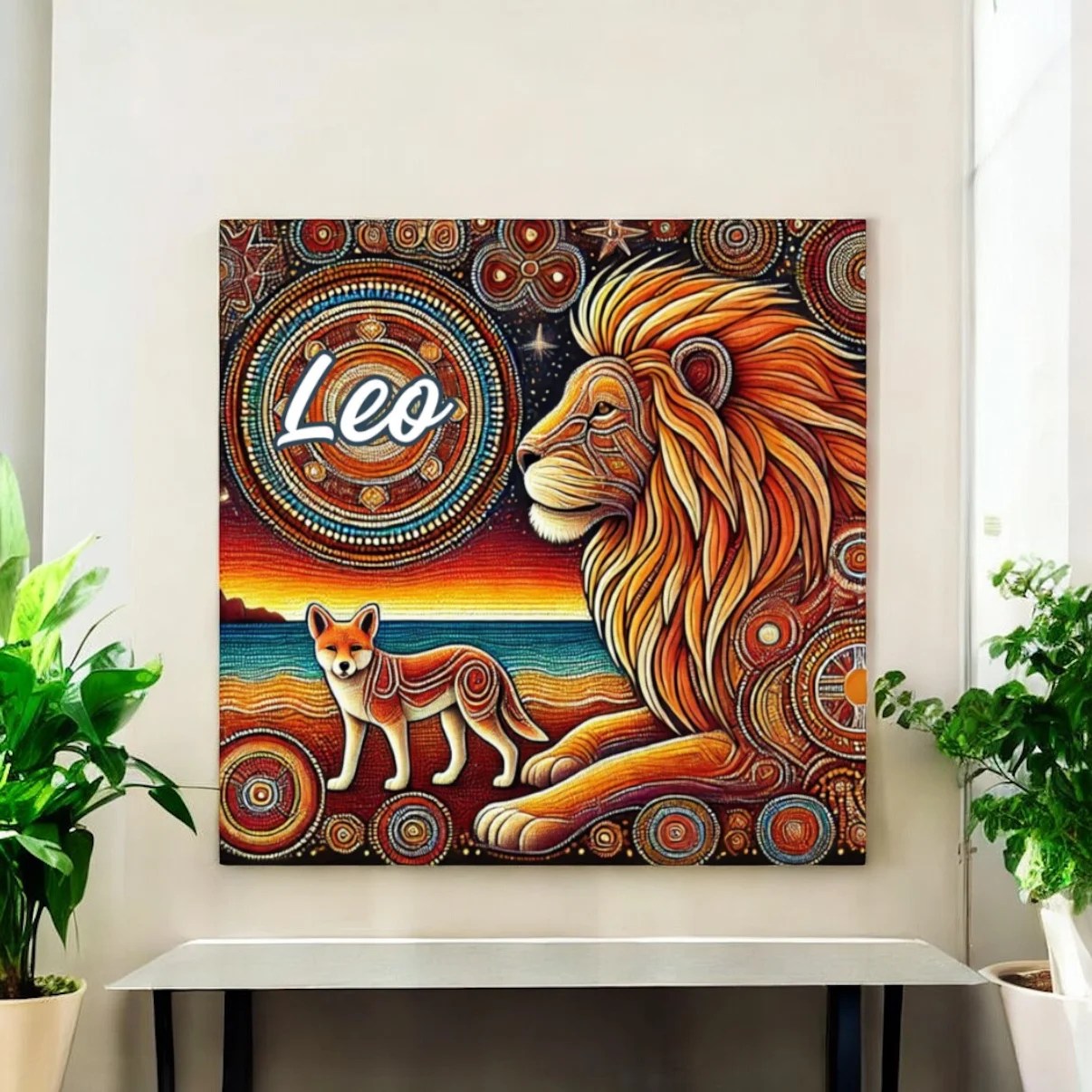 Leo Season 4 A vibrant painting featuring a lion and a fox beside the word Leo, with intricate circular patterns and warm, earthy tones, hanging on a wall above a console table with plants nearby.