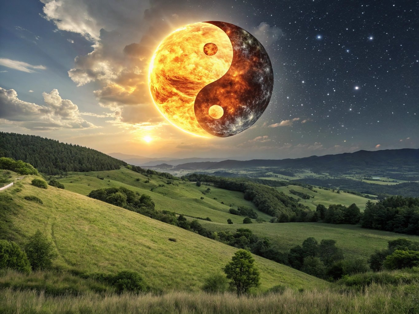 : Un symbole de yin-yang céleste brillant représente l'équilibre du feu et de la terre dans le zodiaque du 22 août, cuspide Leo-Virgo.