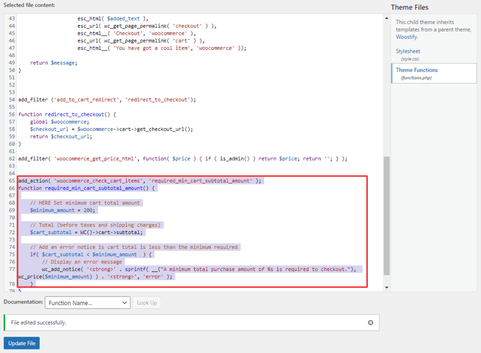 Adding code for minimum order amount restricopn in function.php file