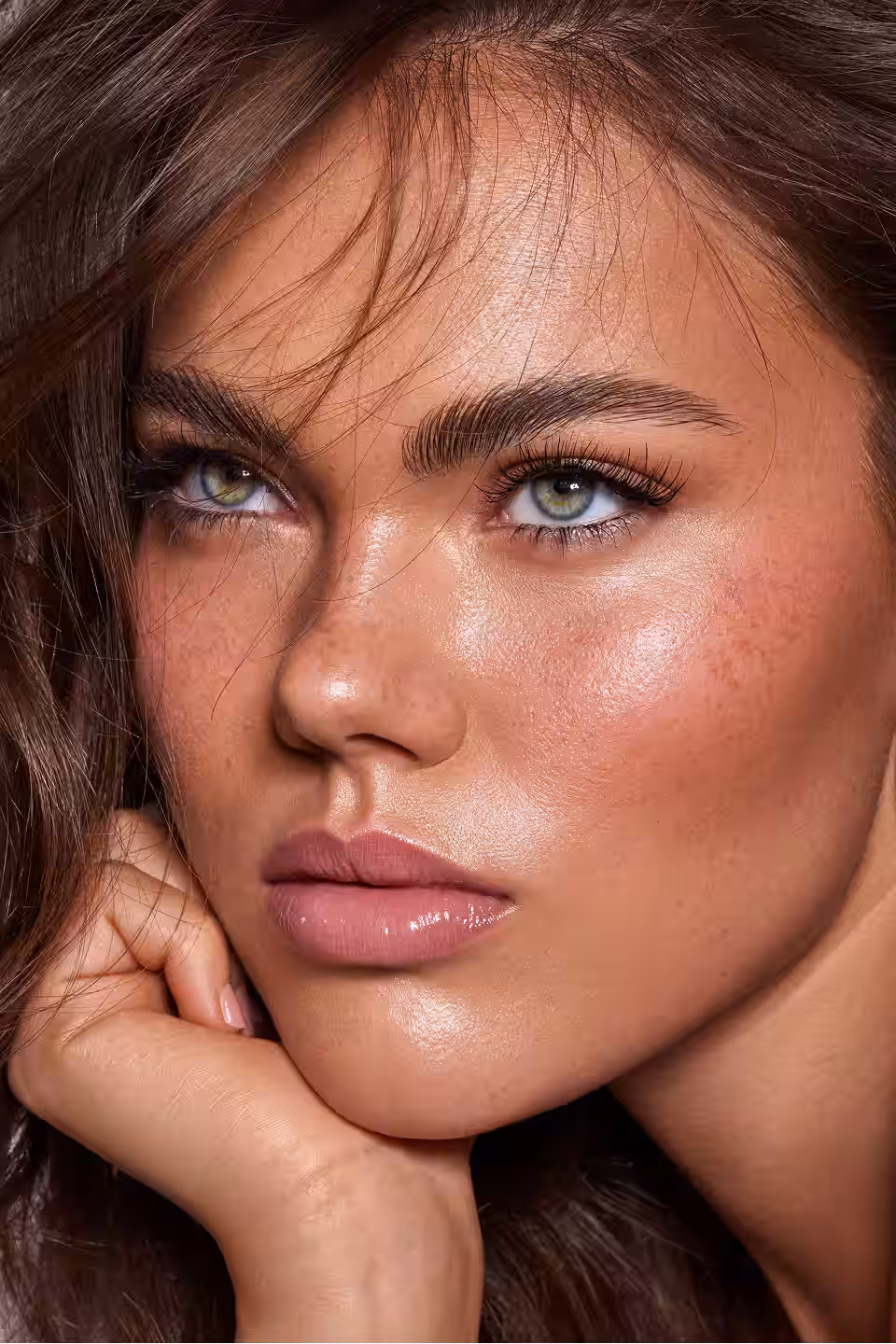 Porträt einer Person mit strahlender Haut, vollem Lippen mit permanent Make-up und betonten Augenbrauen.