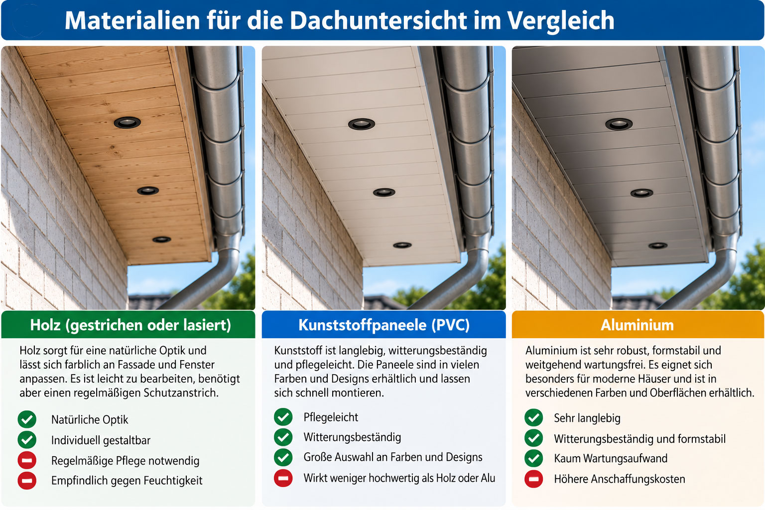 Drei Dachuntersichten im direkten Vergleich: naturfarbenes Holz, weiße Kunststoffpaneele und graue Aluminiumpaneele am gleichen Gebäudetyp.