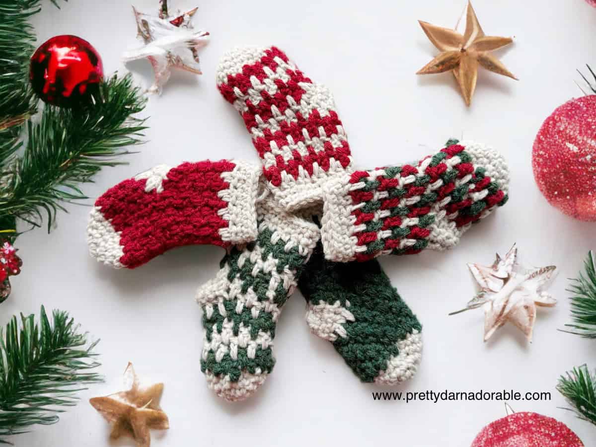 striped and plain knit look crochet stockings in green red and white