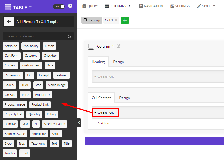 Add elements to cell content of product table