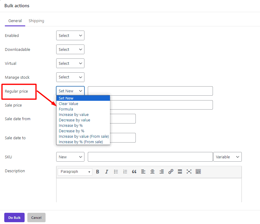 select regular price in Bulk actions form