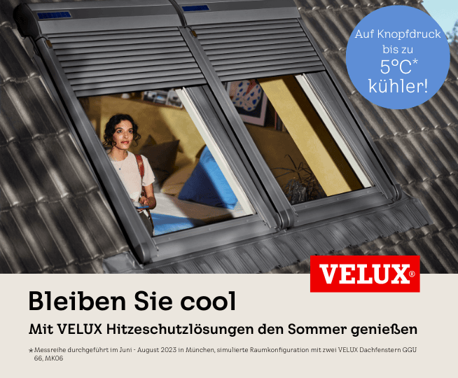 Nahaufnahme eines geöffneten Dachfensters mit Rollladen, dahinter ein teilweise sichtbares Zimmer mit Möbeln und Wandbild.