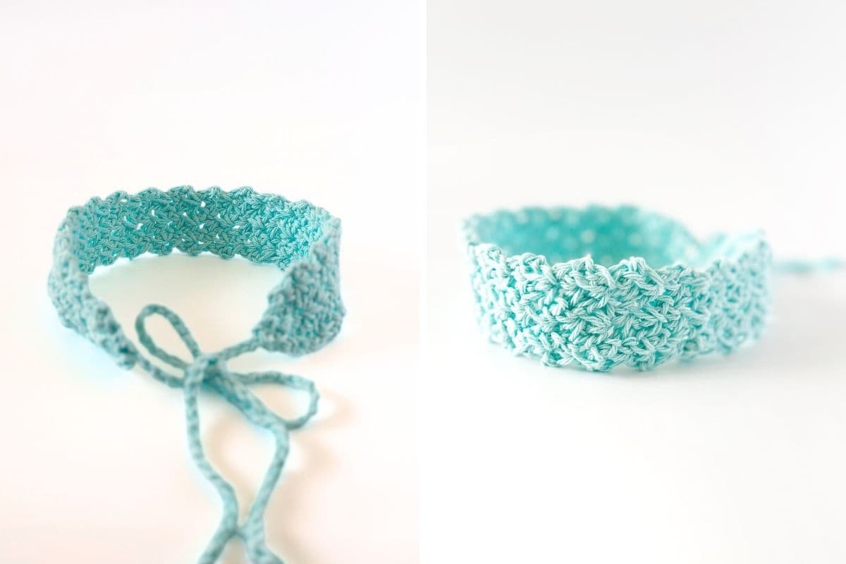 Two images show a light blue crocheted headband on a white background; the left features it tied with long ends, and the right displays its textured stitching from a side angle. No visible text or promotional information is present. Free crochet pattern