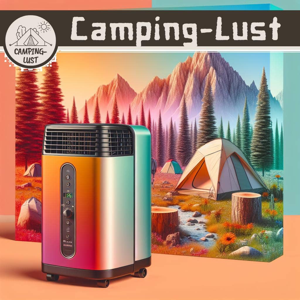 Ein Camping-Entfeuchter auf einem Tisch neben einem Zelt im Wald.