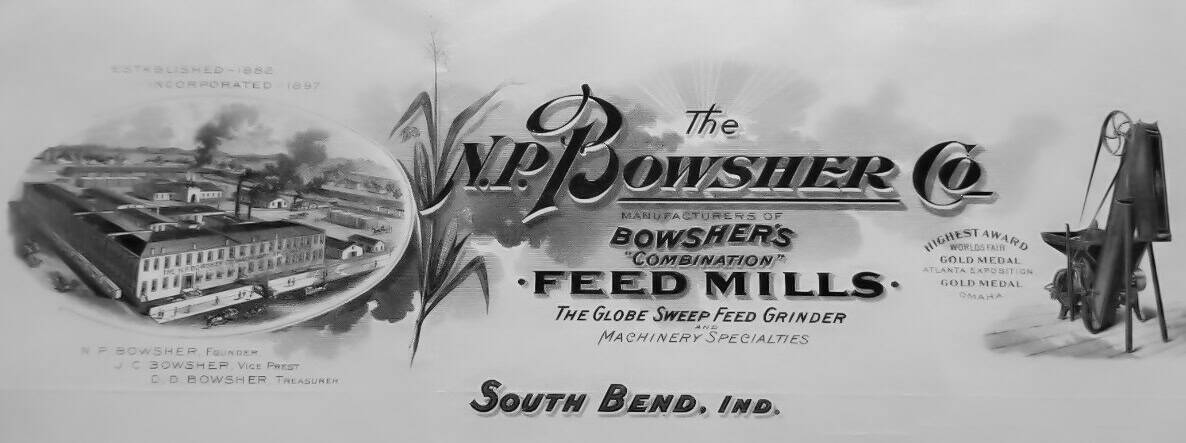 Bowsher Letterhead V.I.P. Bowsher & Co. historical sign with factory illustration and mention of feed mill machinery, showcasing early industrial manufacturing and milling innovations from South Bend, Indiana.