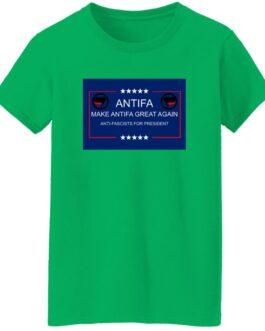 Irish green "Make Antifa Great Again" t-shirt. The design features the Antifa symbol and text: "Make Antifa Great Again" and "Anti-Fascists for President" in a blue frame with stars.