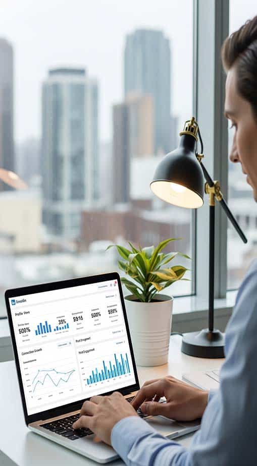 linkedin domination gb Person analysing data on laptop in modern office.