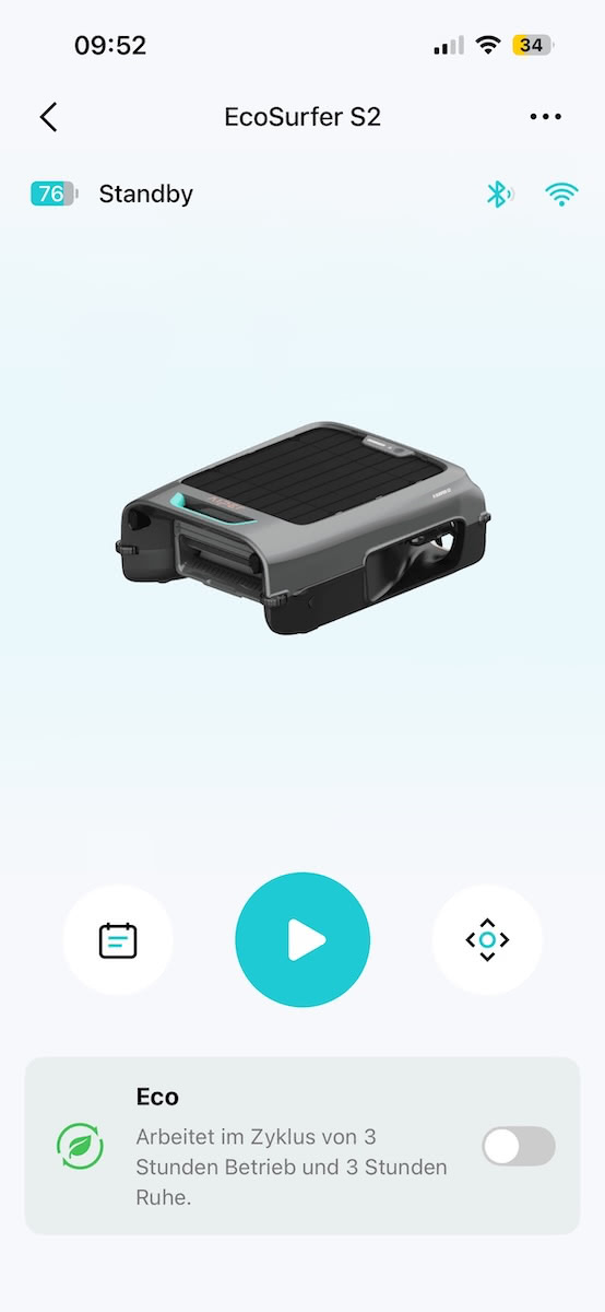 Screenshot der Aiper-App im Standby-Modus mit Akkustand und Bedienelementen