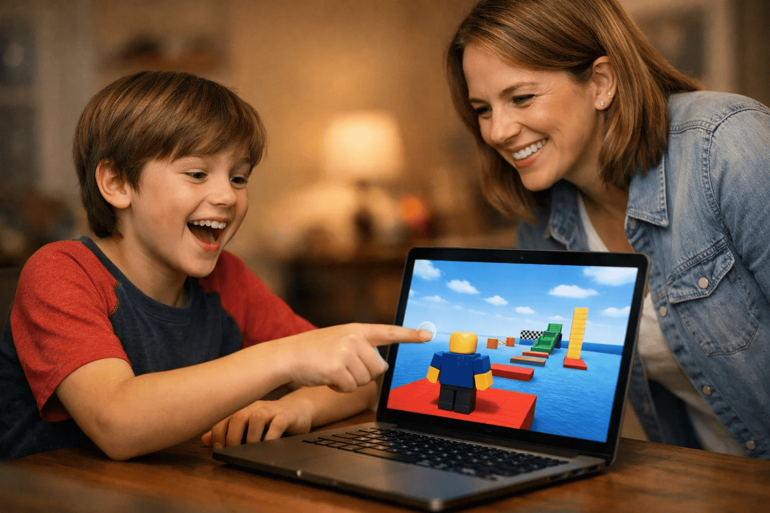 Child showing parent their first Roblox game built with Lua scripting on a laptop