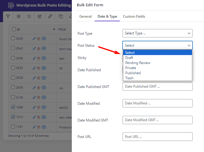 bulk edit post status in WordPress posts plugin