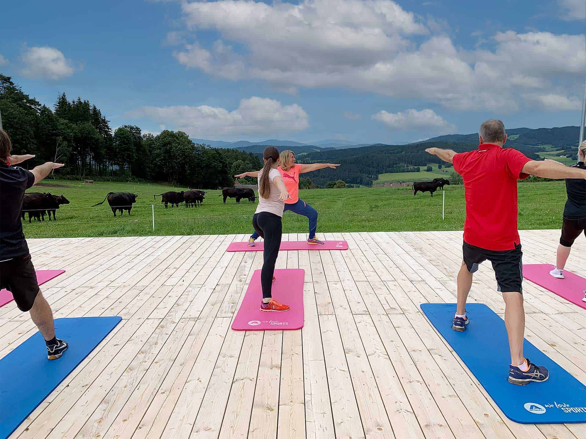 Gäste beim Sport mit Ausblick von der Aktiv-Plattform unseres Wellnesshotels