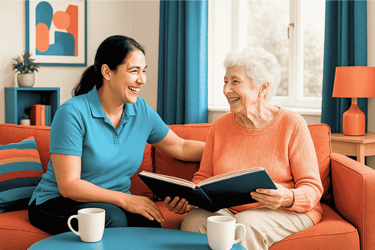 home-care-services-smiling-seniors- Smiling caregiver in a turquoise polo shirt sharing a moment with an elderly woman in a warm home setting over an open book.