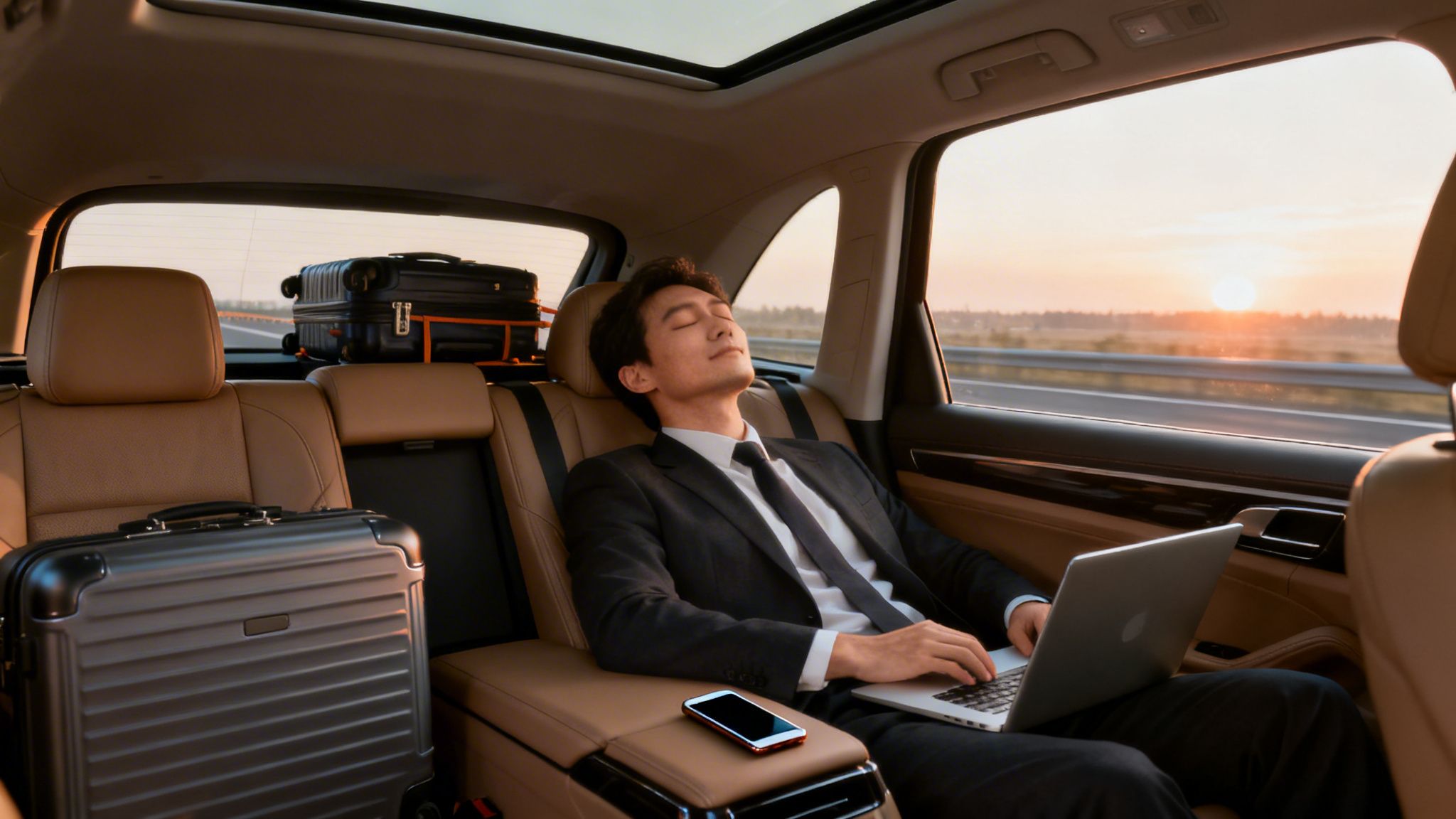 Rental Car Service That Picks You Up: 3 Flaws Behind Airport Chaos 4 A businessman sleeps comfortably in the back of a moving luxury car during sunset, with a laptop and luggage.