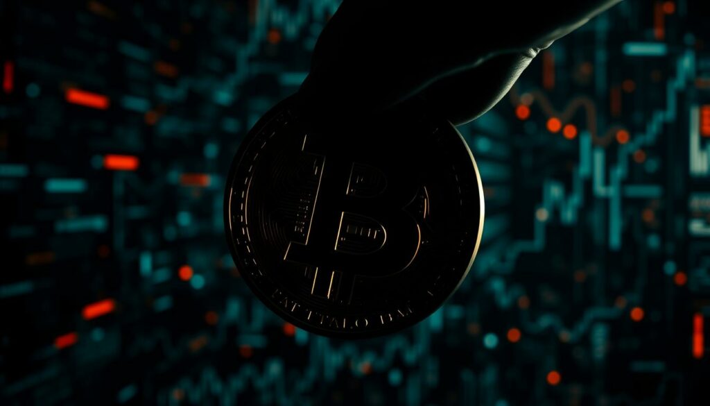 A dramatic close-up of a Bitcoin symbol, cast in dark, ominous shadows, symbolizing the risks and dangers associated with cryptocurrency trading. The background is a chaotic swirl of glitching digital artifacts, representing the volatility and unpredictability of the market. The lighting is low-key, creating a sense of unease and foreboding. The overall composition conveys a sense of peril and the need for caution when navigating the Bitcoin ecosystem. A dramatic close-up of a Bitcoin symbol, cast in dark, ominous shadows, symbolizing the risks and dangers associated with cryptocurrency trading. The background is a chaotic swirl of glitching digital artifacts, representing the volatility and unpredictability of the market. The lighting is low-key, creating a sense of unease and foreboding. The overall composition conveys a sense of peril and the need for caution when navigating the Bitcoin ecosystem.