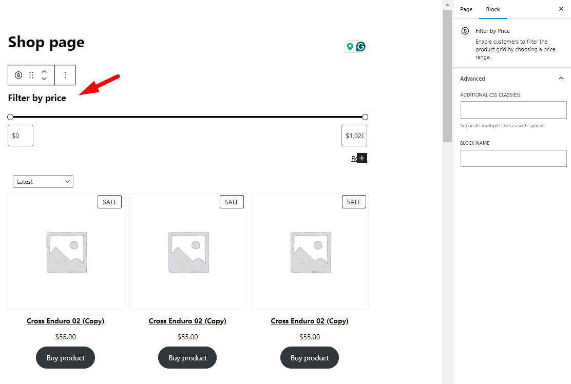 Price filter block result in WooCommerce shop page