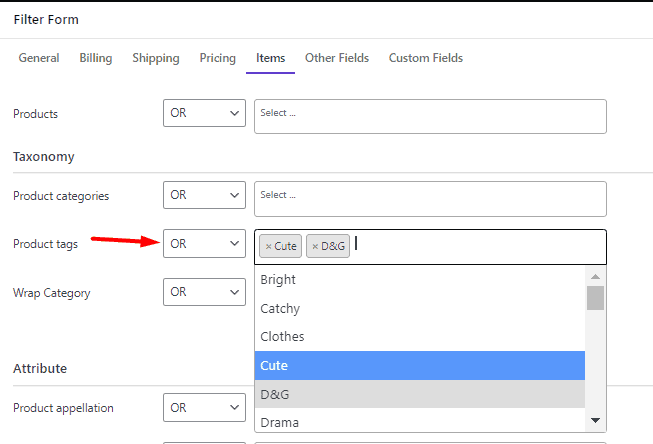 Select Cute and D&G tags for product tags field in item tab filter form