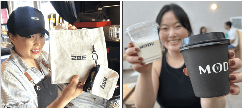 Cafe Loft and Modu Café in Los Angeles featuring Hangul branding designs with the consonants ㄹㅍㅌ and ㅁㄷ