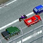 Voiture de course pixel art sur piste asphaltée, style rétro, véhicule rouge et autres voitures colorées, ambiance de course automobile, image vidéo de style arcade pour jeux de course.