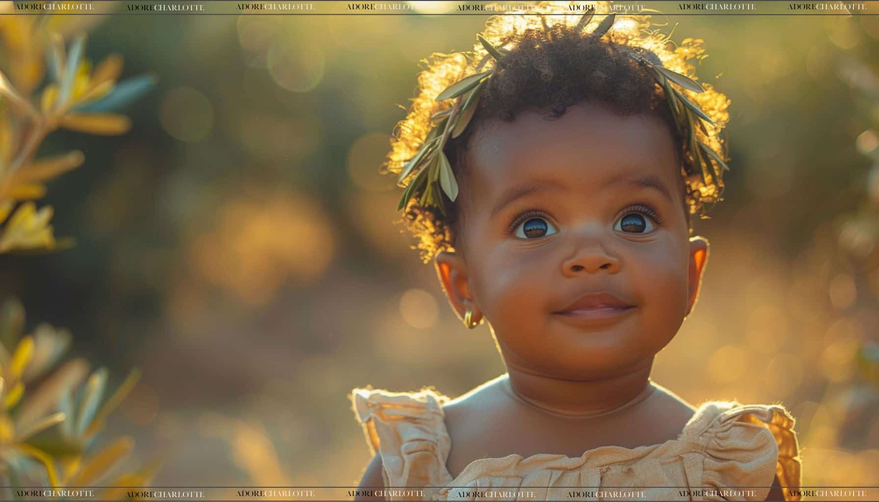 Beautiful toddler in a field at sunset wearing an olive crown.