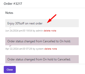 WooCommerce bulk add order private note result