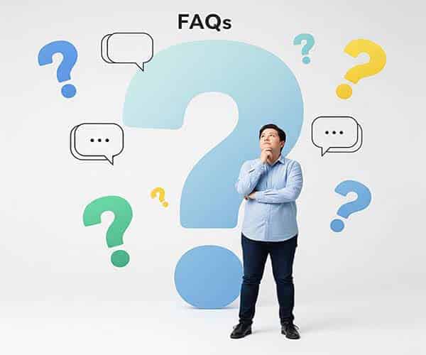 quick answers to your most common queries—saving you time and hassle. Thoughtful man surrounded by question marks. FAQs concept.