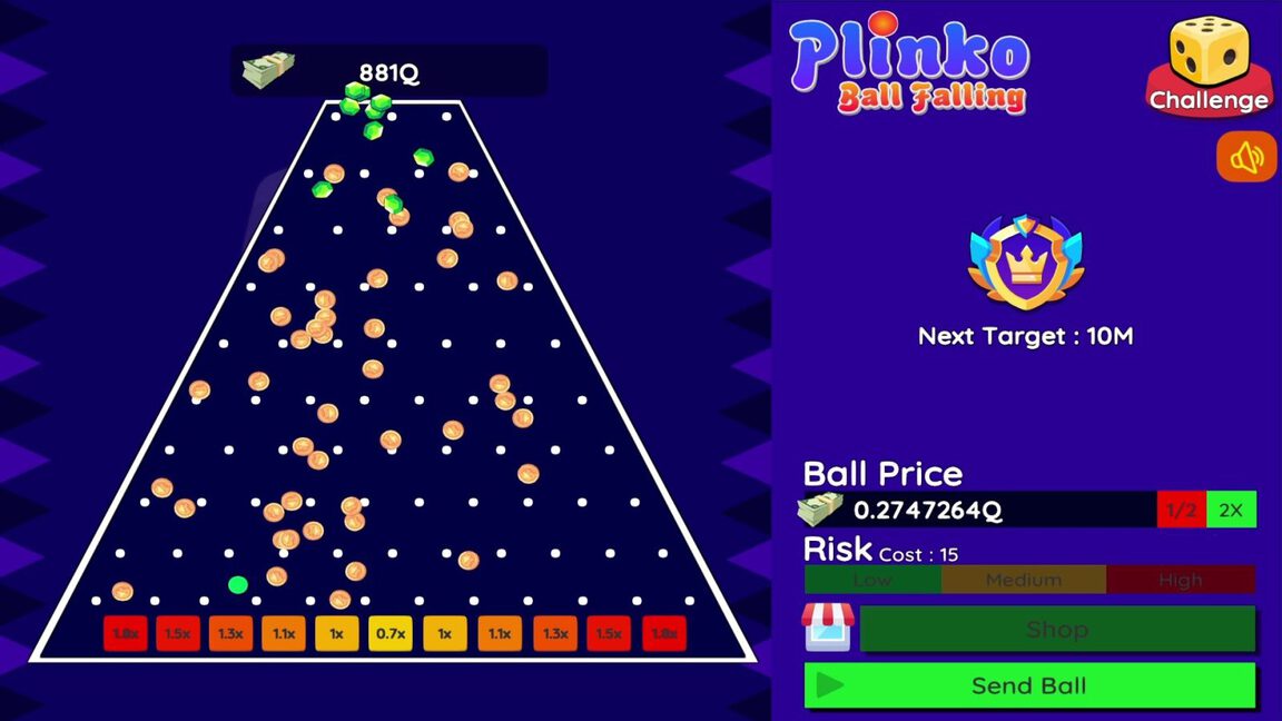 Screenshot des Plinko-Spiels mit buntem Nagelbrett und Slots