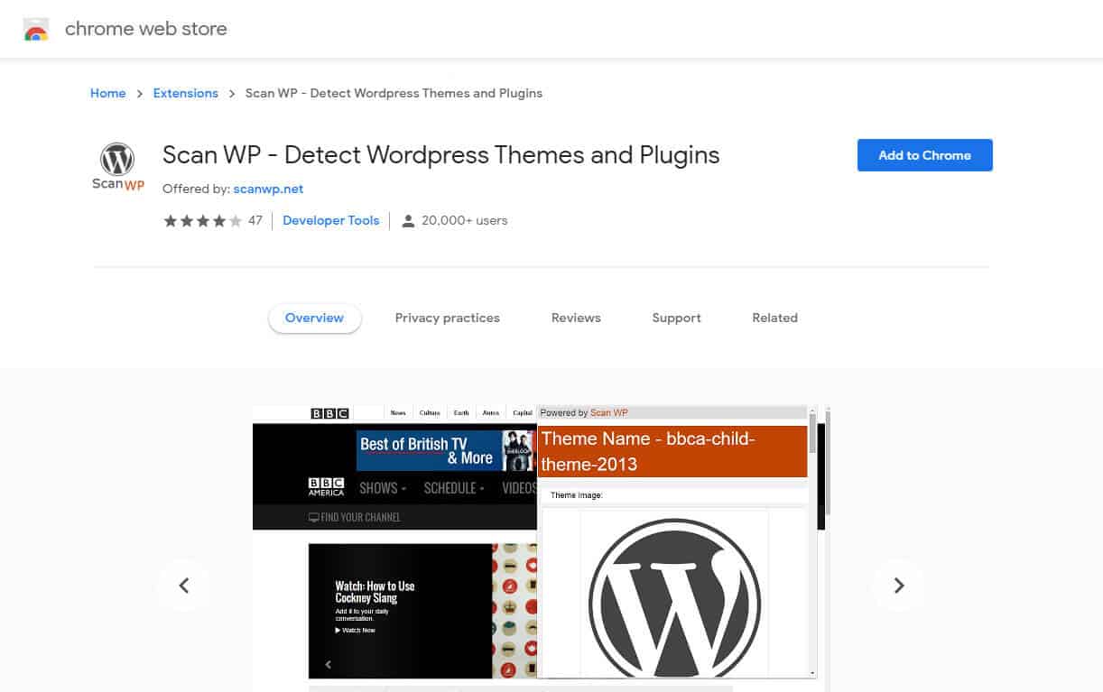 scapWP chrome extention for detectinf wordpress themes and plugins