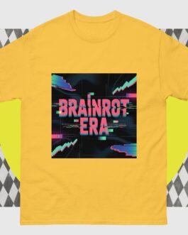 Yellow Brainrot Era T-shirt with glitch art design. Unisex graphic tee features pink and blue digital aesthetic with "BRAINROT ERA" text, a perfect cyberpunk t-shirt and gamer t-shirt.
