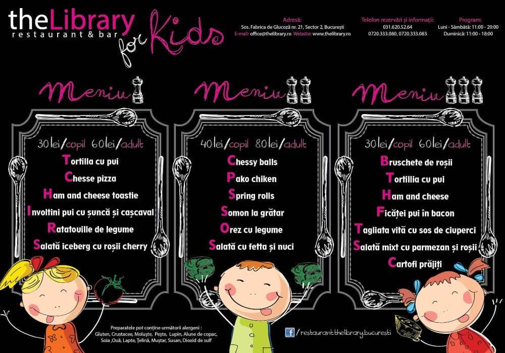 Meniu copii the library restaurant cu loc de joaca bucuresti