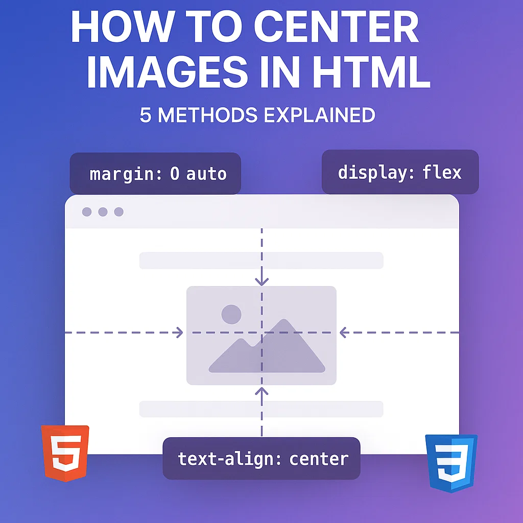 How to center an image in HTML - Tutorial guide showing browser window with centered image and CSS code snippets