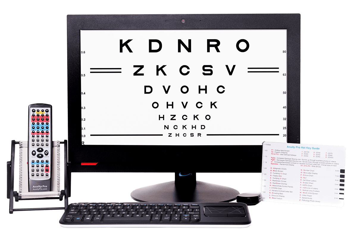 Computer monitor displaying acuity chart for visual acuity exam with the all-in-one acuity pro digital acuity system.