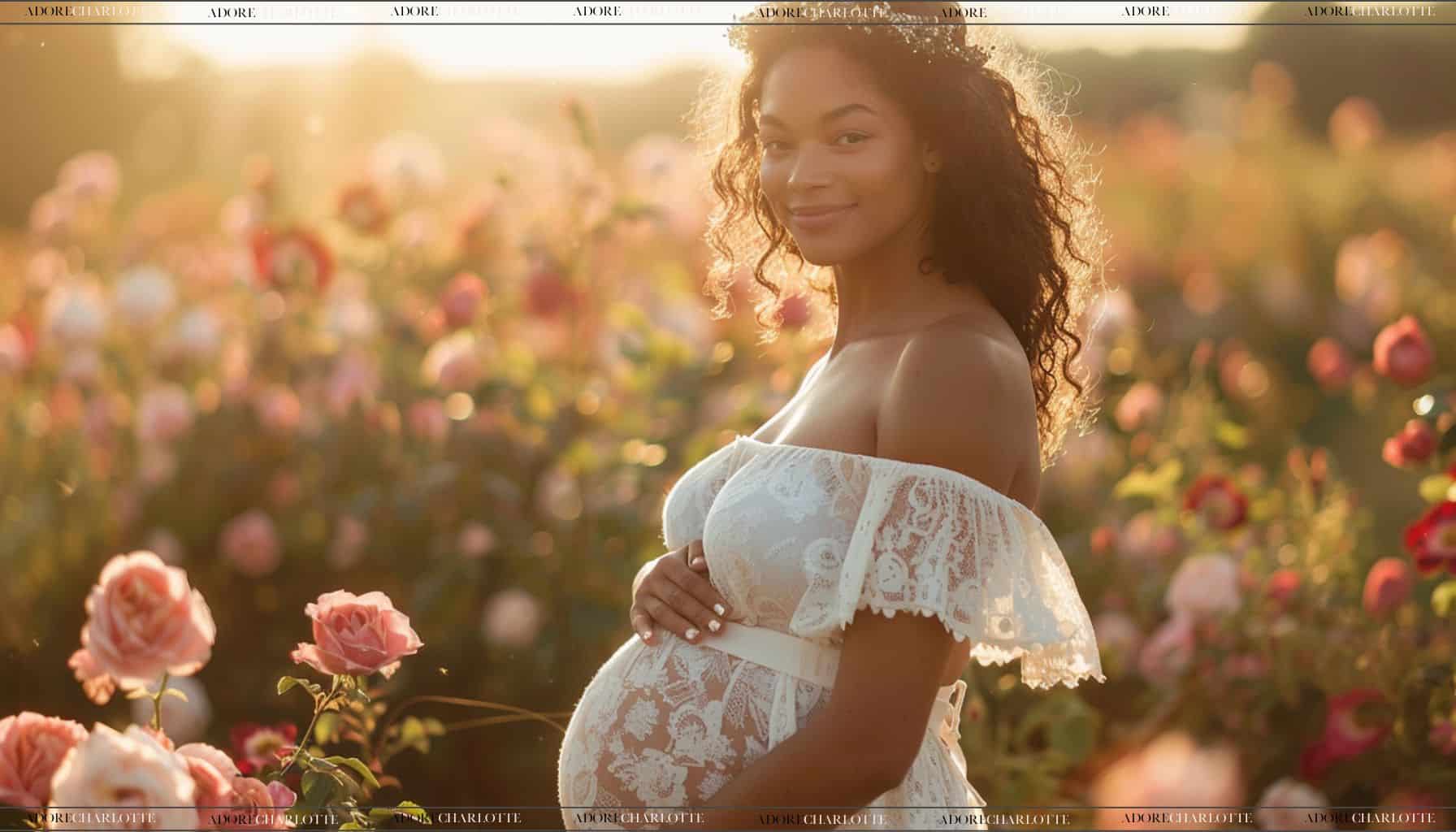Beautiful pregnant women in a white dress standing in a field of beautiful flowers at sunset.