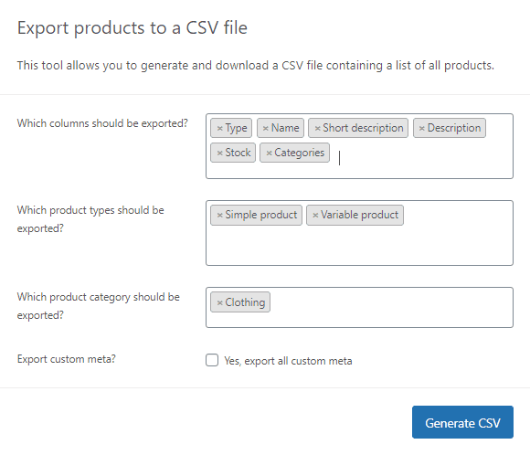 export simple and variable products in the clothing category