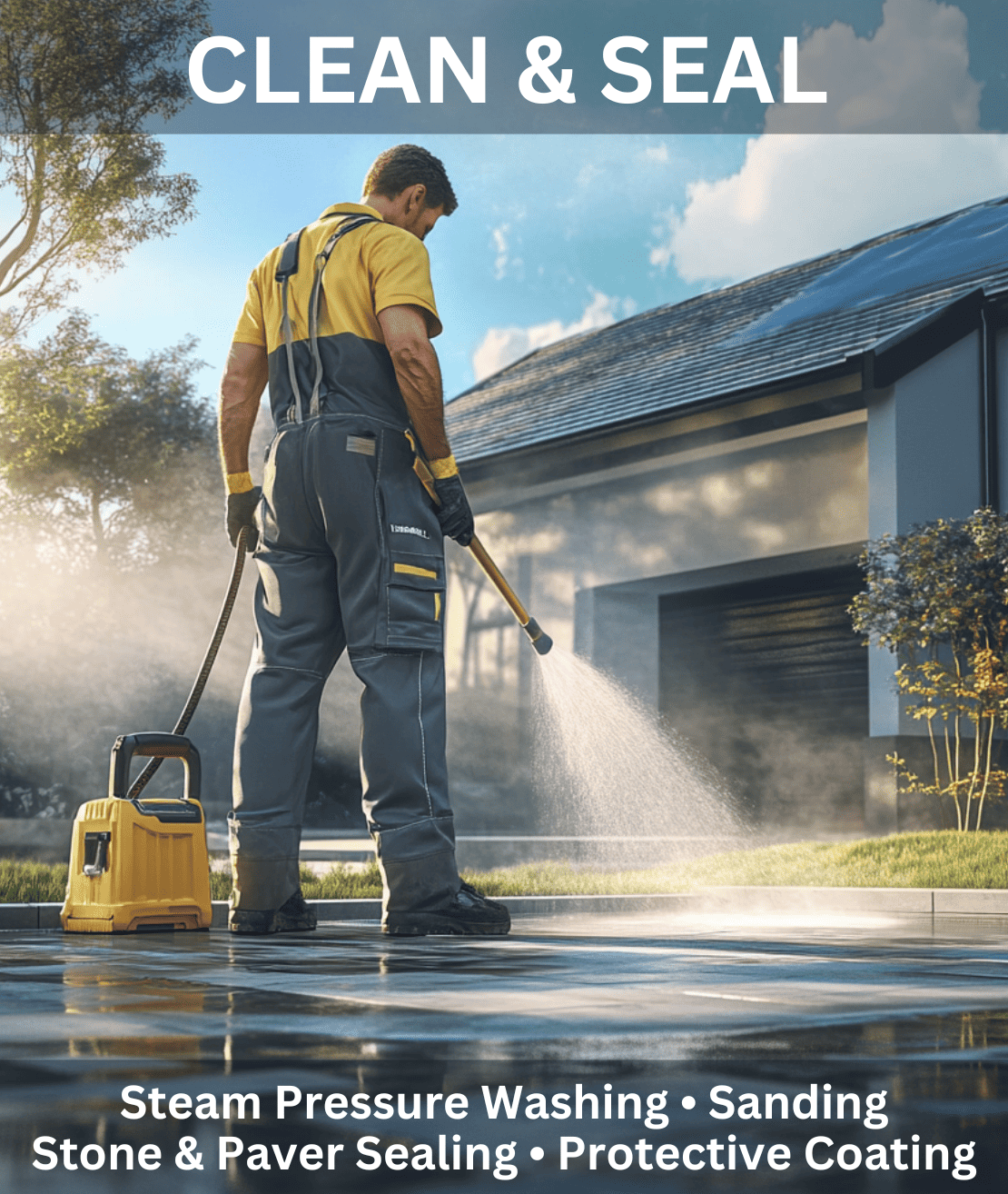Person pressure washing a patio next to a modern house, wearing work overalls and holding a spray wand connected to a yellow machine. Text at the top and bottom lists services.
