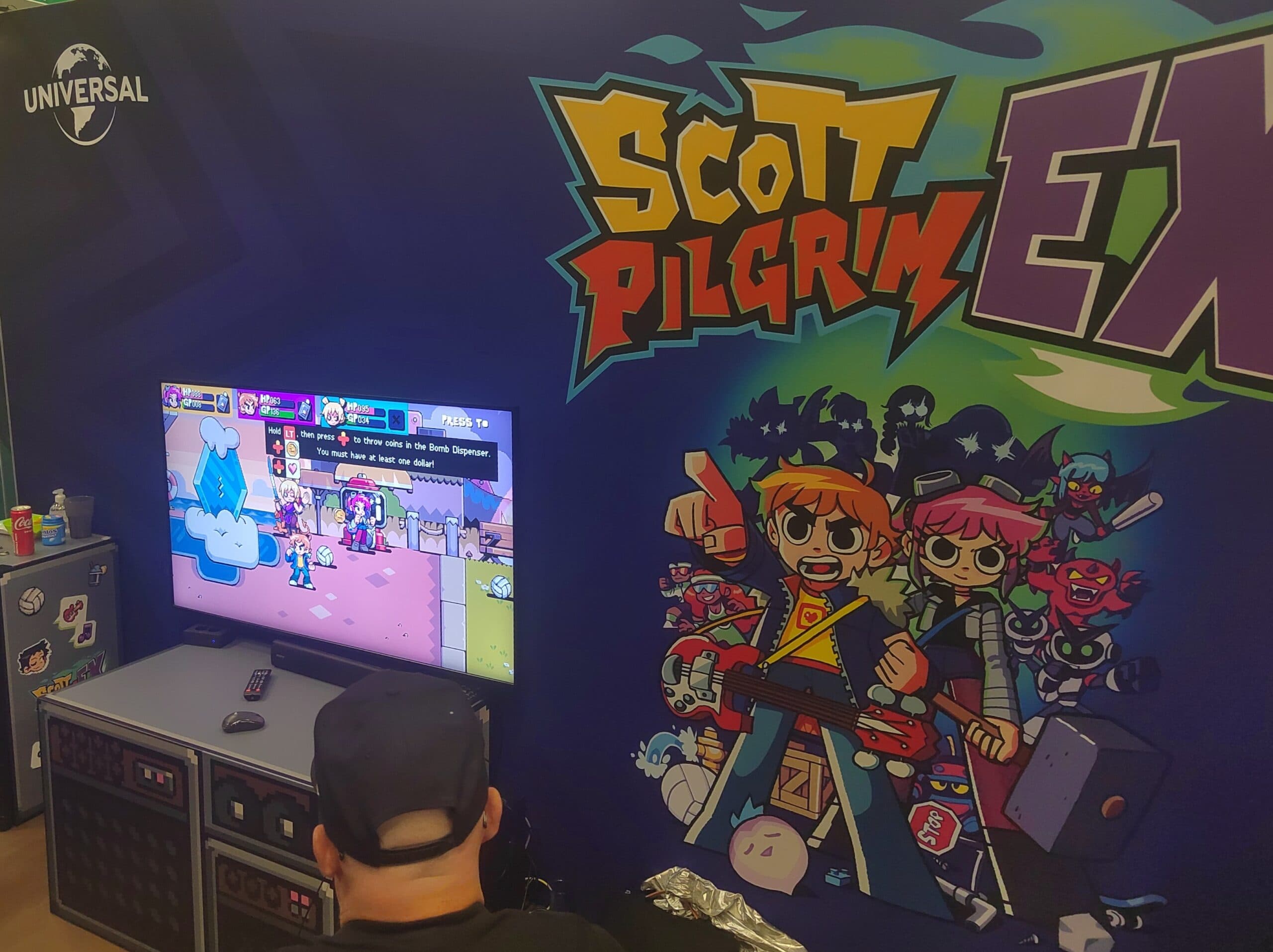 scott_pilgrim_EX_Gamescom Scott Pilgrim jeu vidéo arcade avec personnages colorés et design pixel art, à tester dans un espace dédié aux jeux rétro et modernes, idéal pour les fans de jeux vidéo, arcade et animations animées.