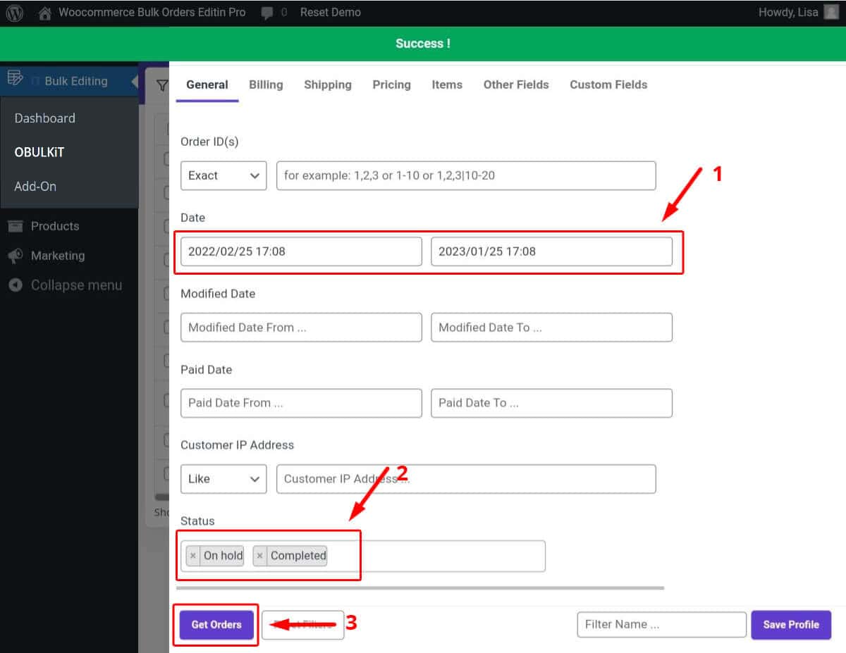 set date and status filter in woocommerce bulk order