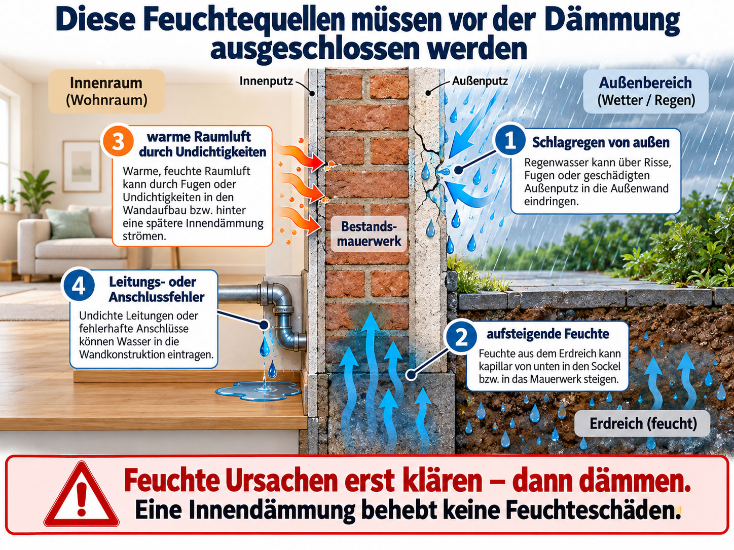 Außenwand mit vier möglichen Feuchtequellen: Schlagregen, aufsteigende Feuchte, warme Raumluft durch Undichtigkeiten und undichte Leitungen.