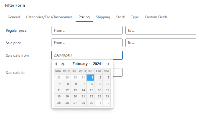 Set a date range for Sale date from field in pricing tab