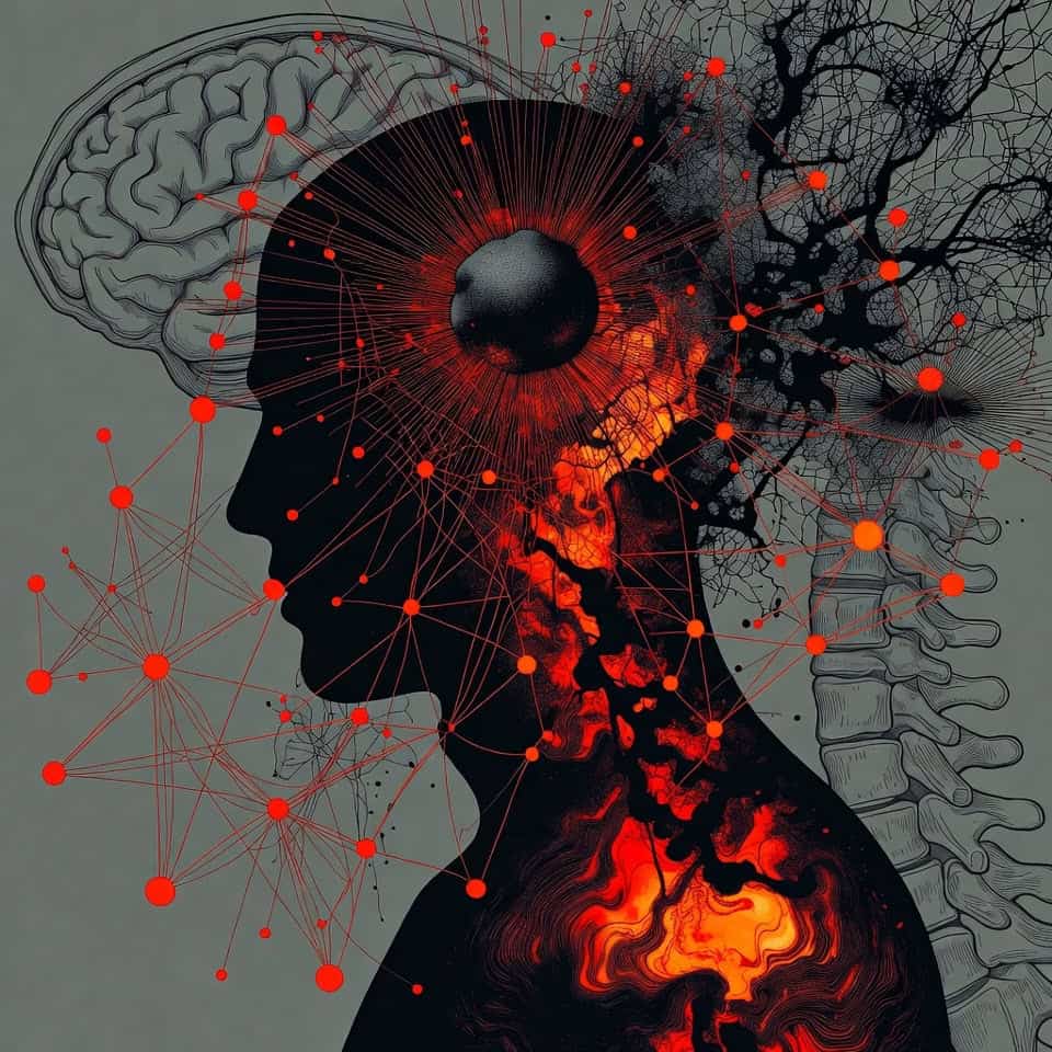 Illustration of a human head with brain, neural networks, and chaotic dark energy.