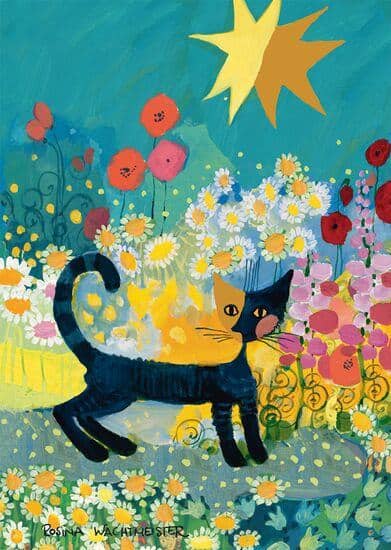 Cat in a sea of blossom palapeli 1000 palaa on Rosina Wachtmeisterin kuvittama kissa ja kukat -palapeli Schmidt palapeli