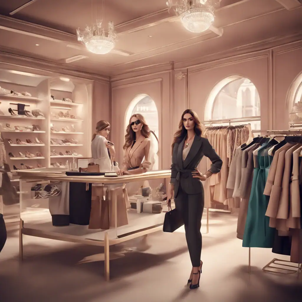 Femmes élégantes magasin de mode avec vêtements et accessoires haut de gamme, ambiance chic et luxueuse.