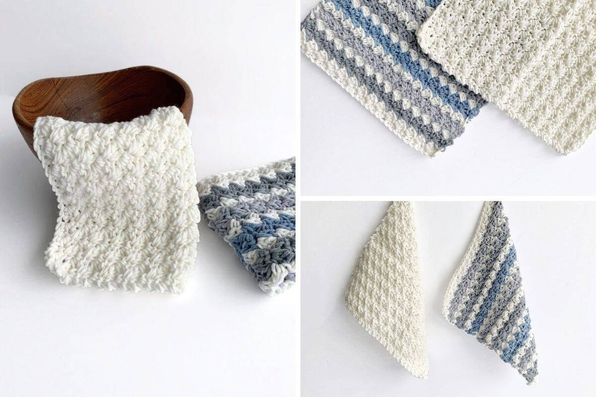Three images display crocheted dishcloths in off-white and blue-and-white stripes; one rests over a wooden bowl, while two lie flat side by side on a white background. No visible text or promotional information appears in the photos. Free crochet pattern